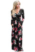Sexy Black Floral Surplice Long Sleeve Maxi Boho Dress